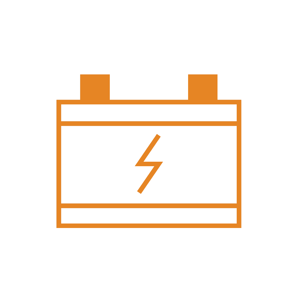 an icon of a car battery with a lightning symbol on the front