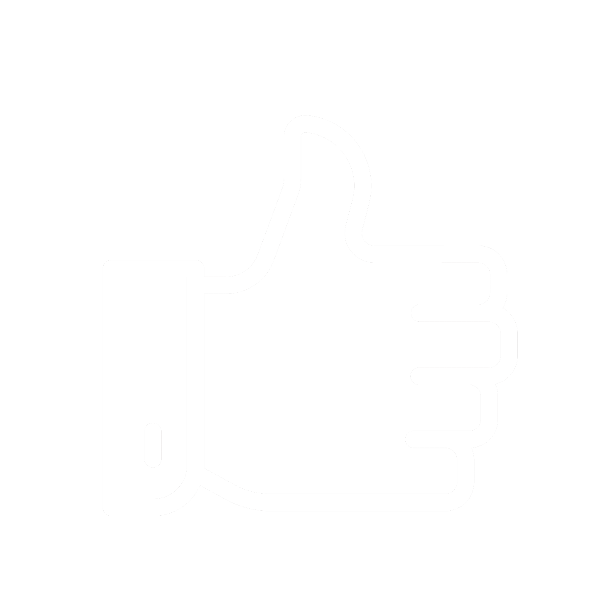 a white icon of a thumbs up